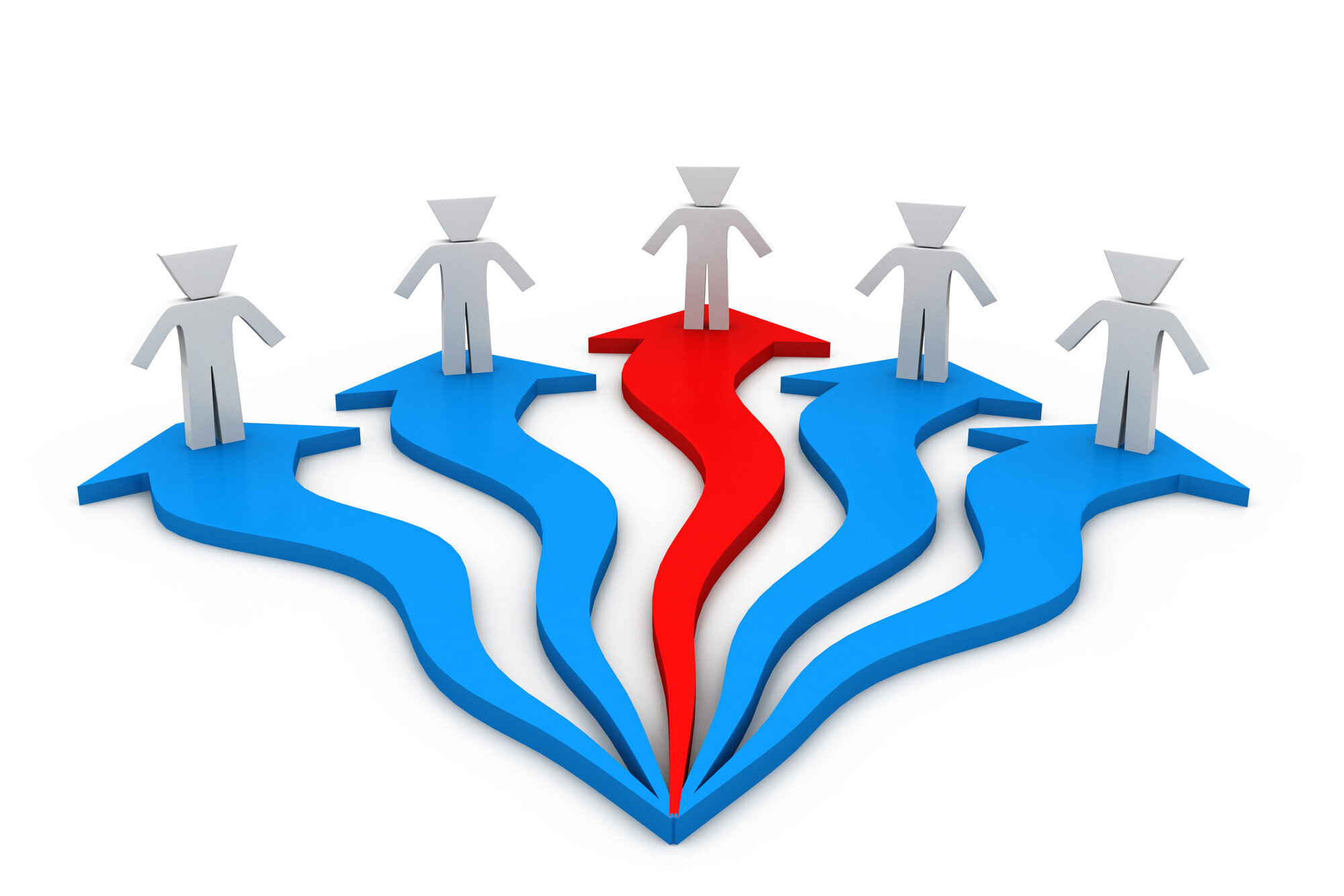 Kunnskapssenteret deles opp mellom Folkehelseinstituttet og Helsedirektoratet. Illustrasjonen viser fem menneskefigurer i enden av hver sin pil.