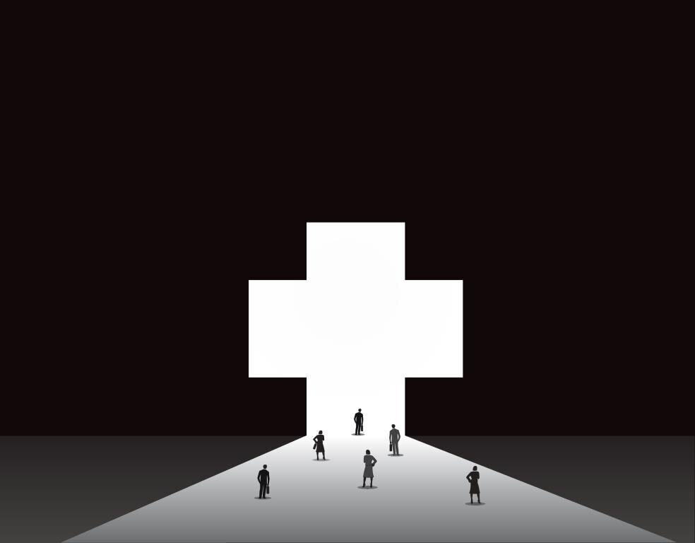 Rusfeltet skal etter planen være tidlig ute med fritt behandlingsvalg. Ny forskrift er på høring nå. Illustrasjonen viser mennesker foran en korsformet portal.