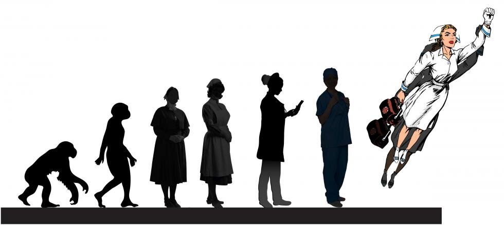 Illustrasjonen viser en sykepleier i flyvende superheltpositur. NYTT PÅ NYTT. Forandring fryder - og frustrerer, men uansett hva man synes om slikt, må det endring til.