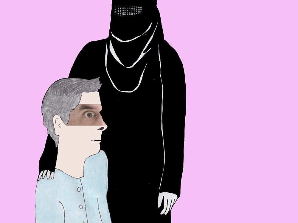 burka, arbeidsantrekk, etikk Bildet viser en pasient i vanlige klær og en sykepleier i burka.