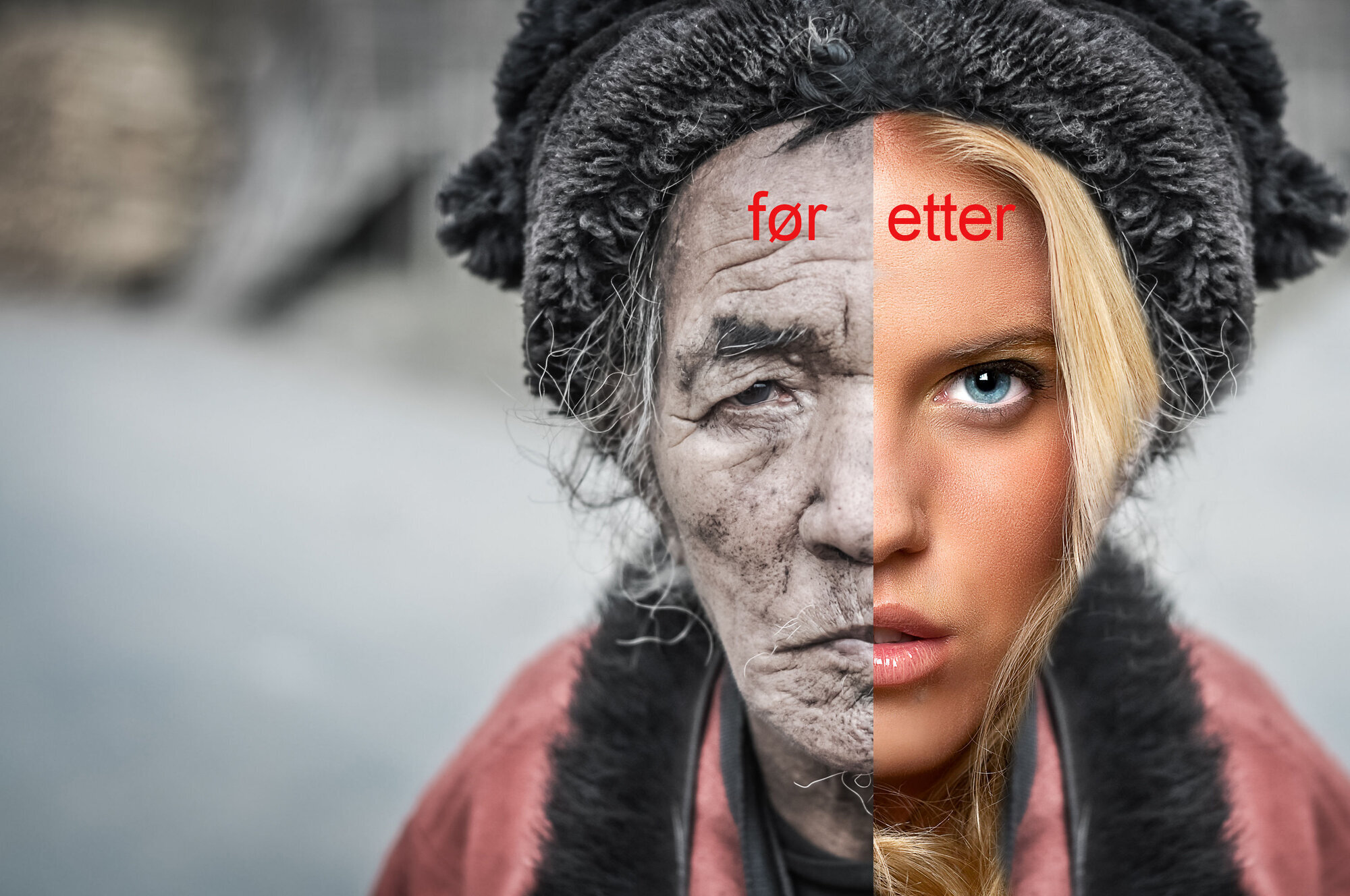 Bildet viser humoristisk overdrevet før og etter kosmetisk kirurgi Bildet viser humoristisk overdrevet før og etter kosmetisk kirurgi