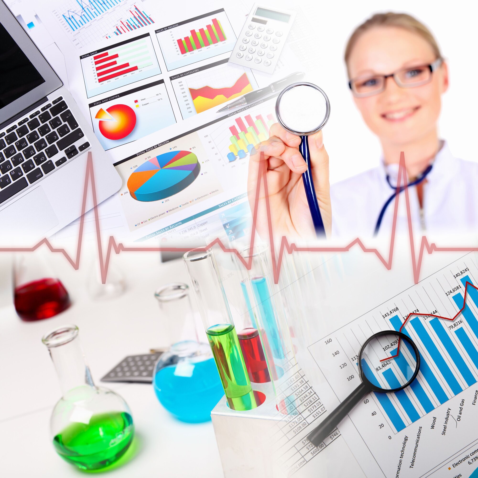 collage Collage av grafer laboratorieapparater med en ung sykepleier