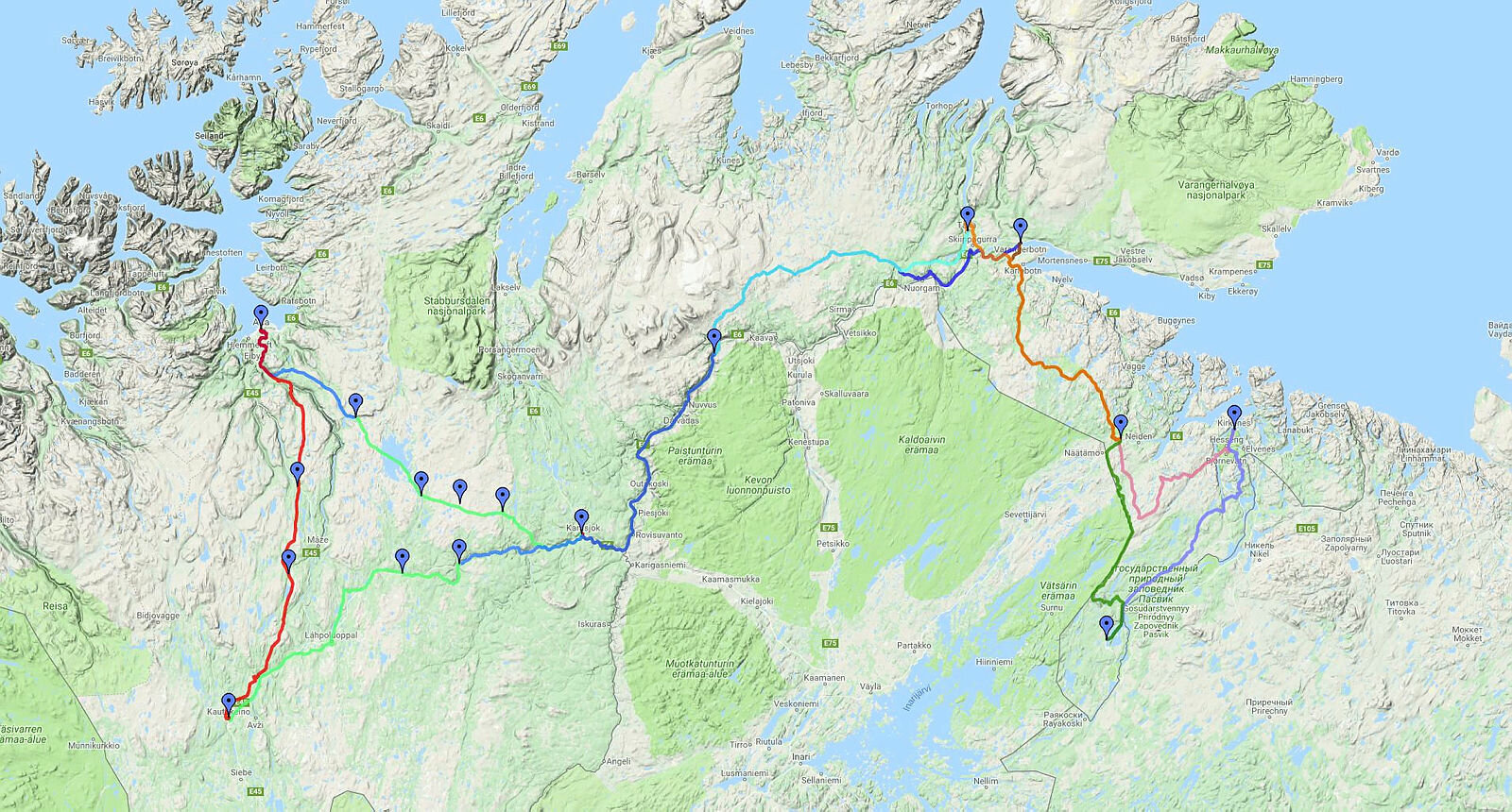Rutekart Finnmarksløpet Google map av kjøreruta for Finnmarksløpet