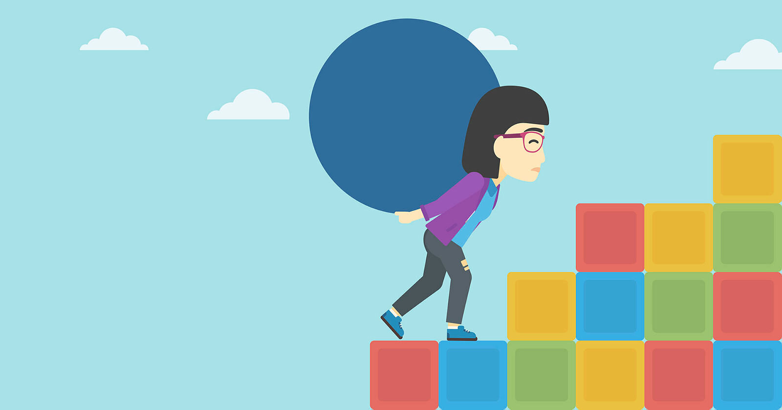 Sisyfos-arbeid Illustrasjonen viser en kvinne som bærer en stein på ryggen opp en trapp