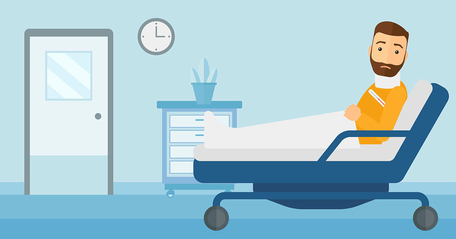 En mann i en sykehusseng Tegningen viser en mann i en sykehusseng.