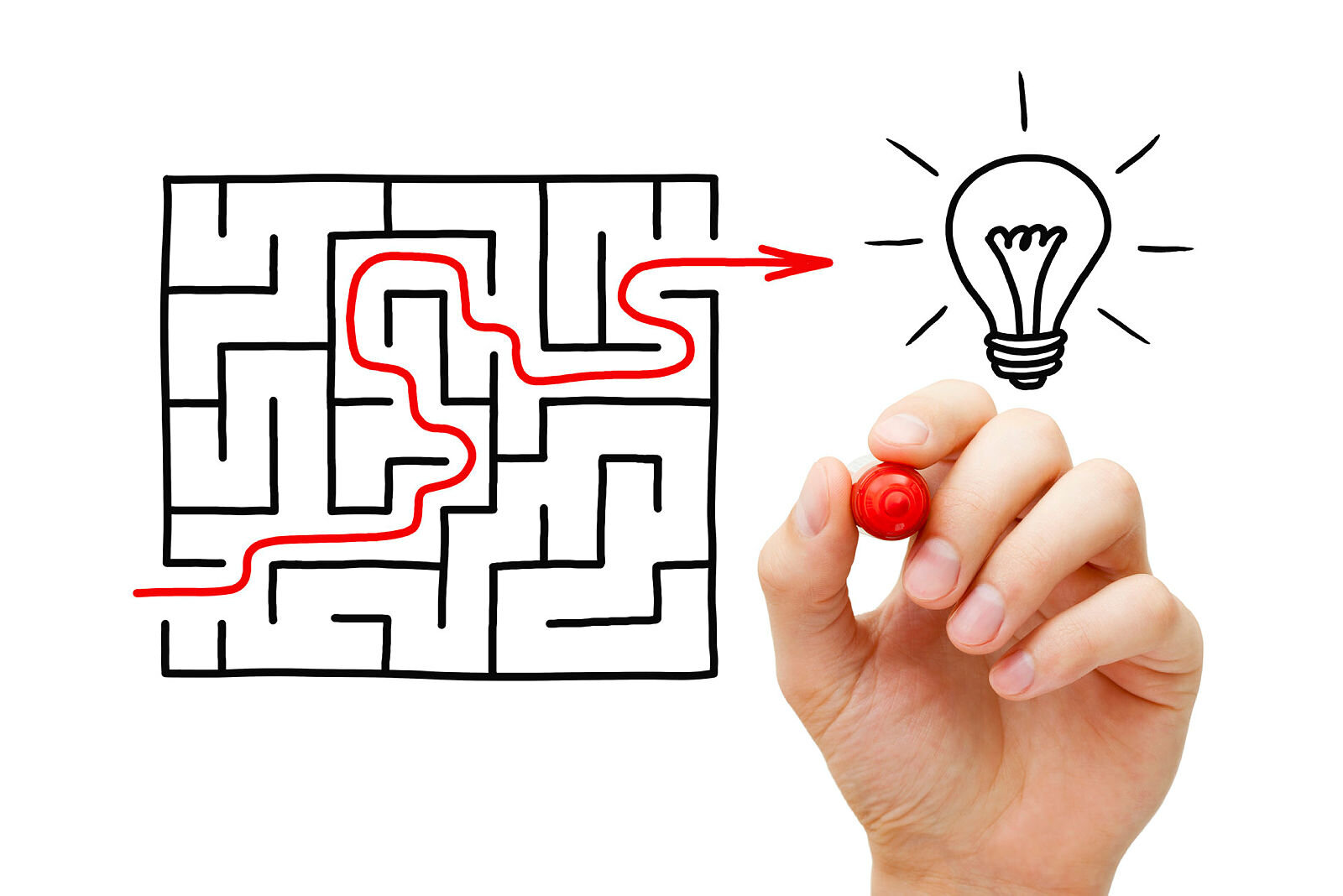 Illustrasjonen viser en rød strek som tegner seg gjennom en labyrint. I enden av labyrinten er det en lysende lyspære.