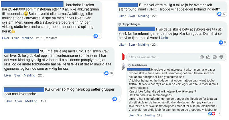 Skjermdump av Facebook-kommentarer fra Sykepleiens side