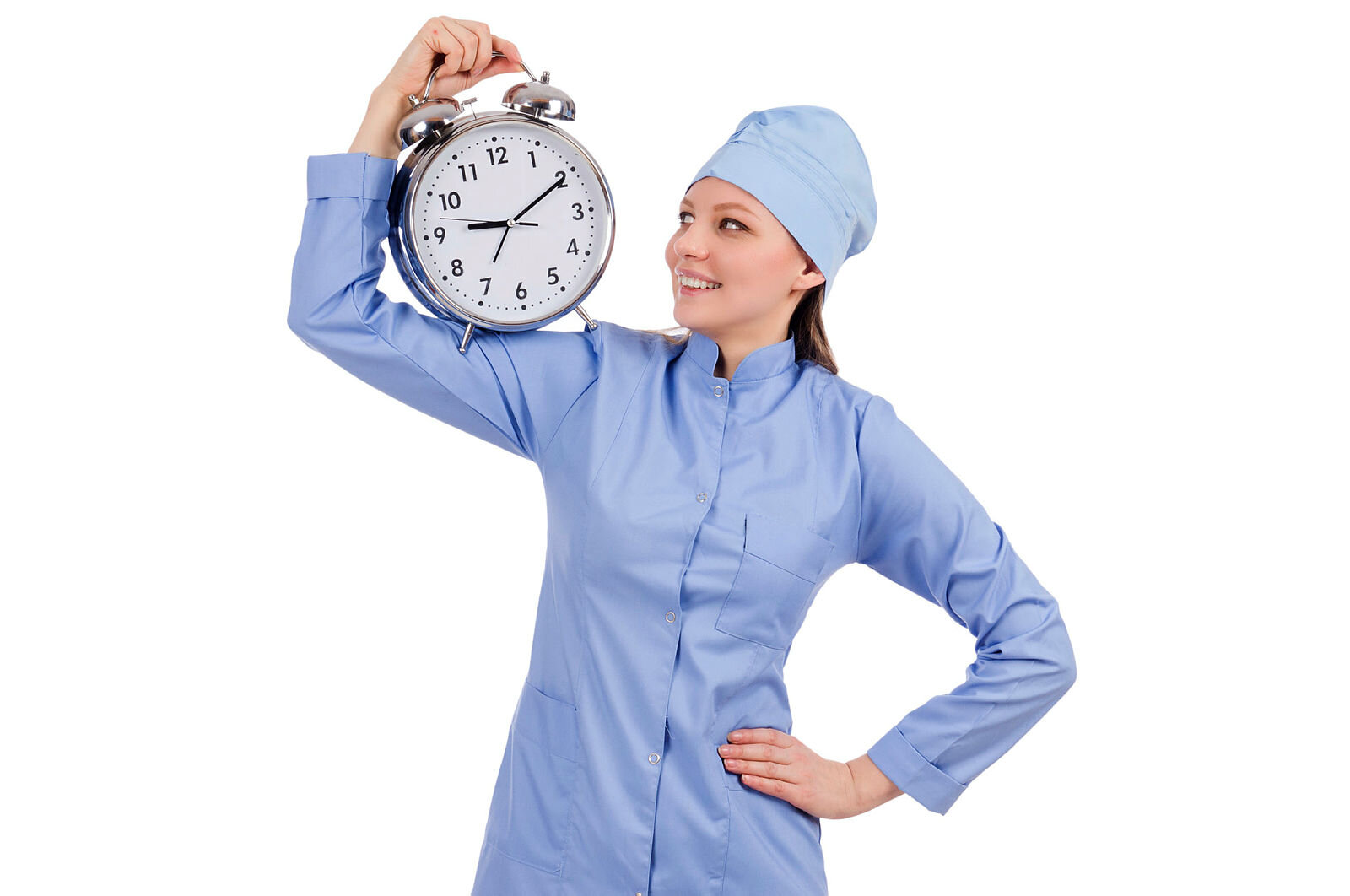 sykepleier med vekkerur på skulderen