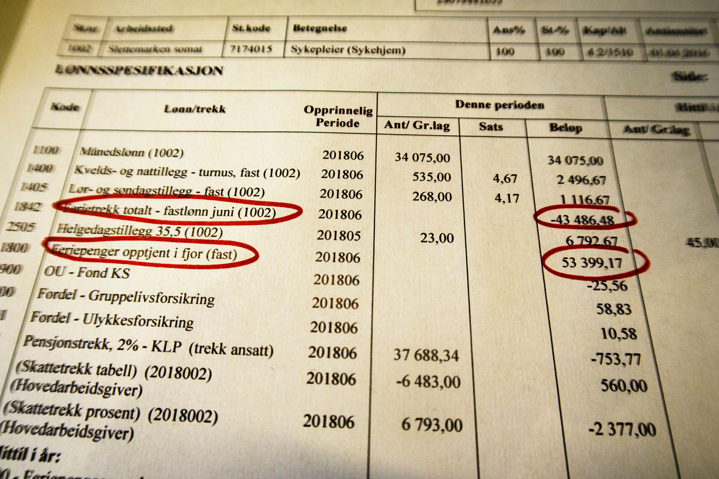 Lønnsslipp, sykepleier på sykehjem