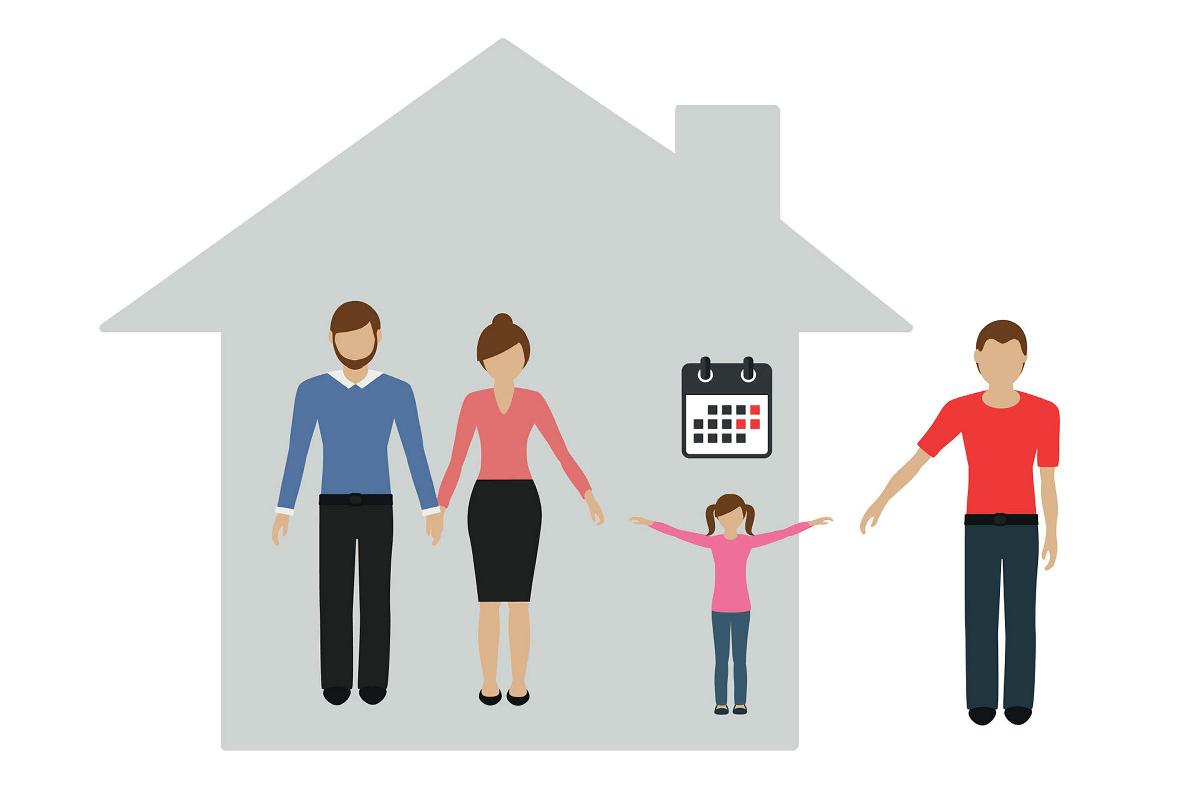 Lappeteppefamilie Illustrasjonen viser familiestrukturen etter en skilsmisse, der mor, ny kjæreste og barn holder hender i et hus, mens faren står alene utenfor. På veggen over barnet henger en kalender.