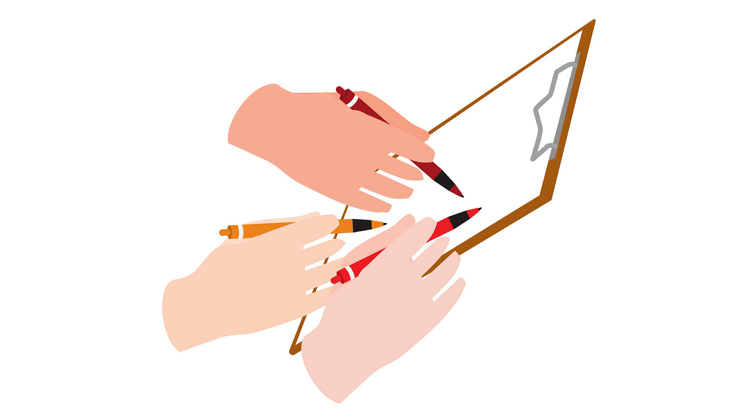 Journalføring Illustrasjonen viser hender med ulik hudfarge som skriver i en journal.