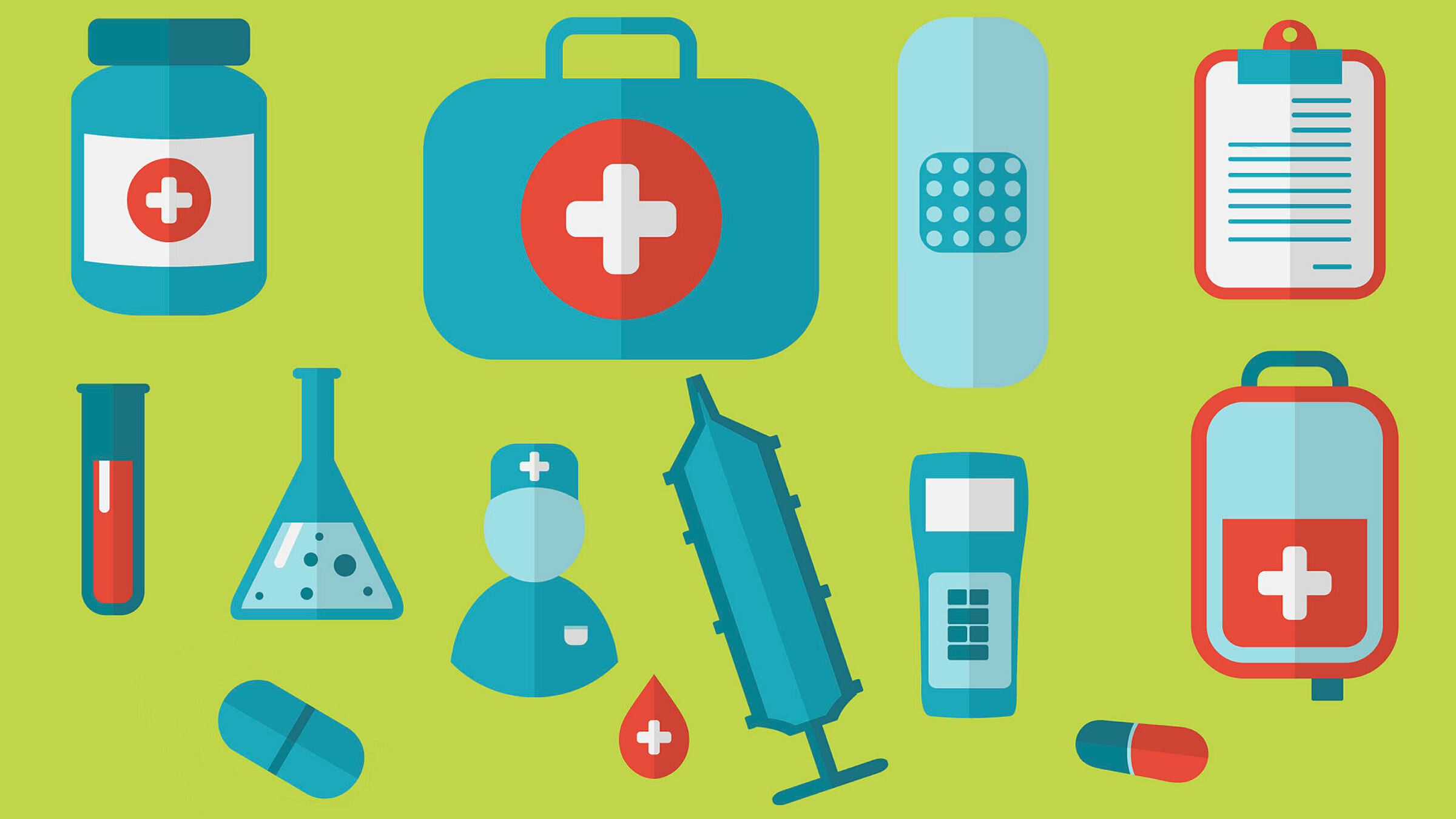 Medisinsk utstyr Illustrasjonen viser diverse medisinsk utstyr, som pilleboks, plaster, reagensrør med blod, sprøyte m.m.