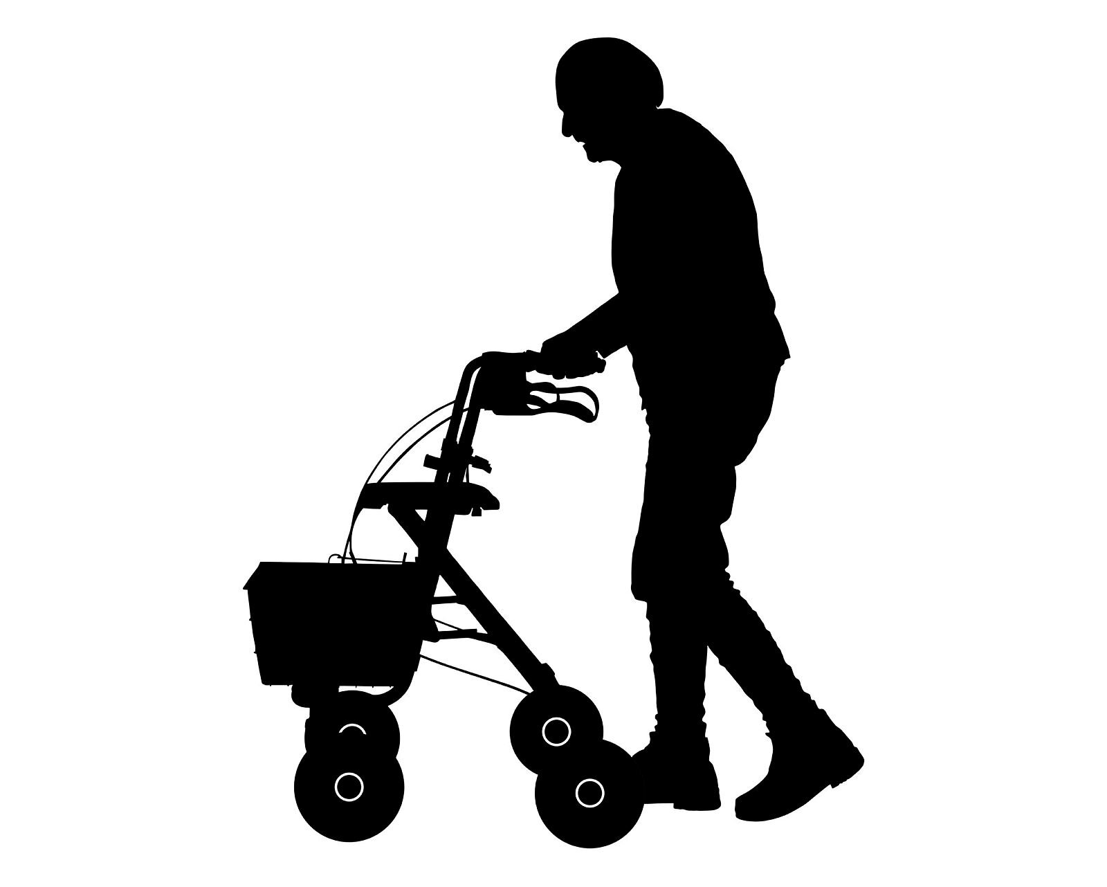 Gammel mann med rullator Illustrasjonen viser en eldre mann som går med rullator i profil.