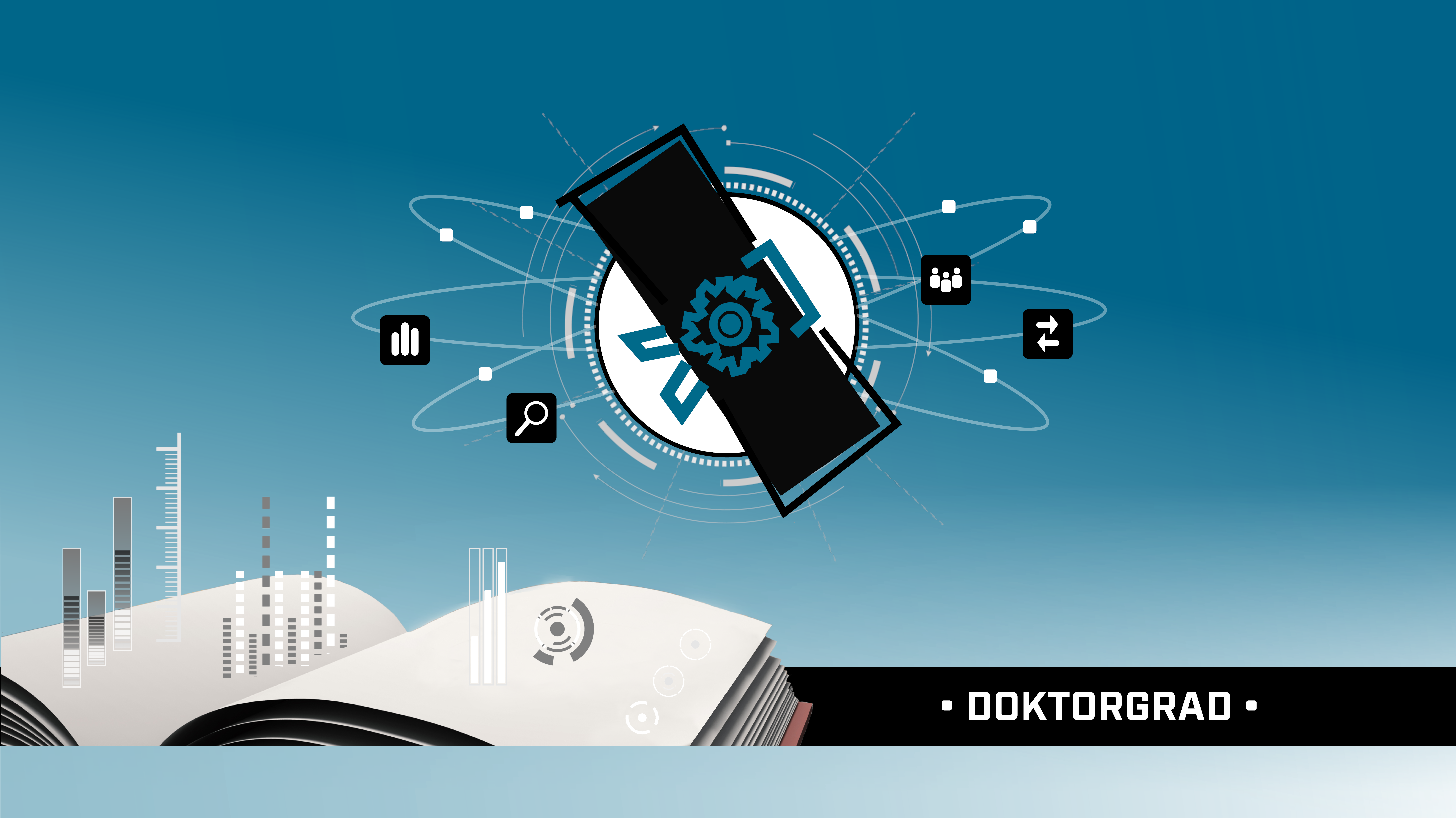 Illustrasjonen viser en oppslått bok med ulike grafer som kommer ut. Over svever en klode med symboler rundt. Et diplom ligger over kloden. Nederst til høyre står teksten "Doktorgrad".