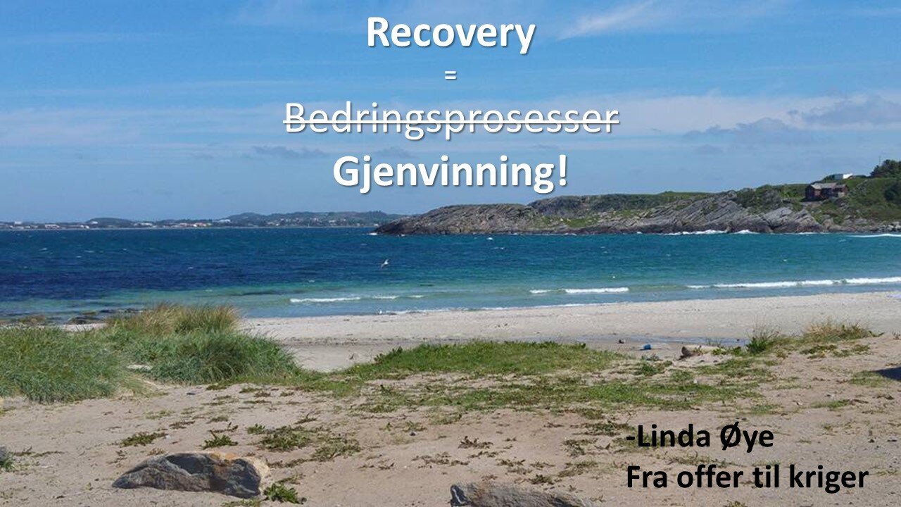 Bildet viser en strand og har påført teksten Recovery = Bedringsprosesser, som er strøket over og erstattet med Gjenvinning!