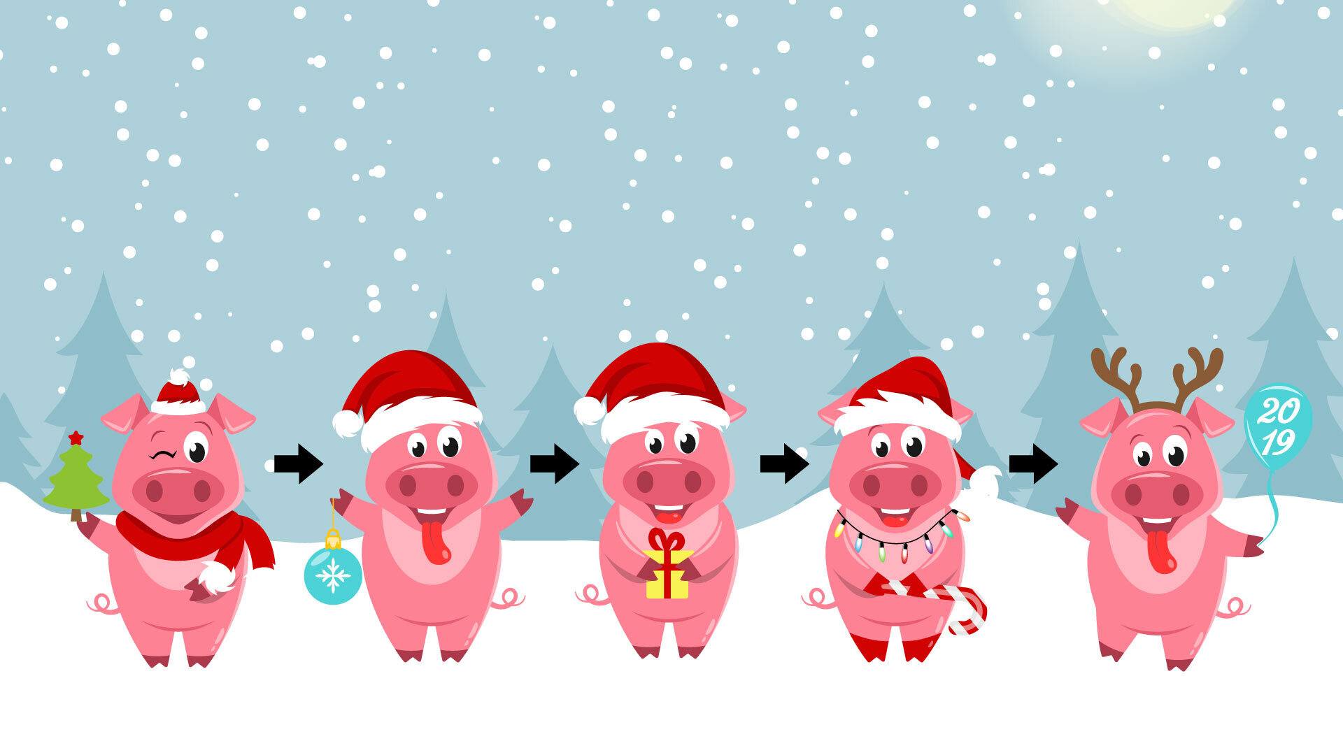 Tegninger av fem små julegriser på rekke og rad Tegninger av fem små julegriser på rekke og rad