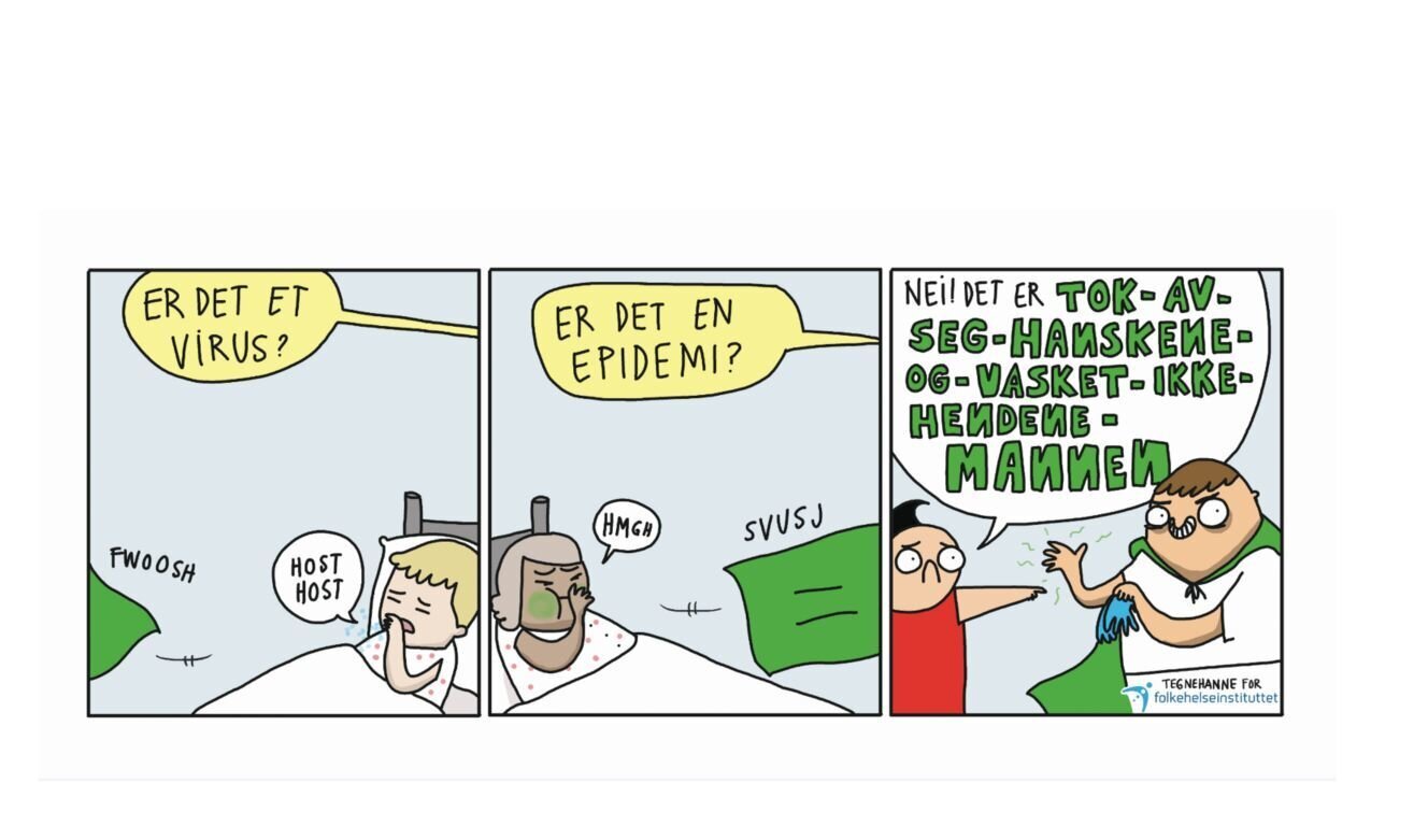 Tegnehanne, Verdens håndhygienedag, 5. mai Stripen viser en scene med en mann i hvitt og kappe.