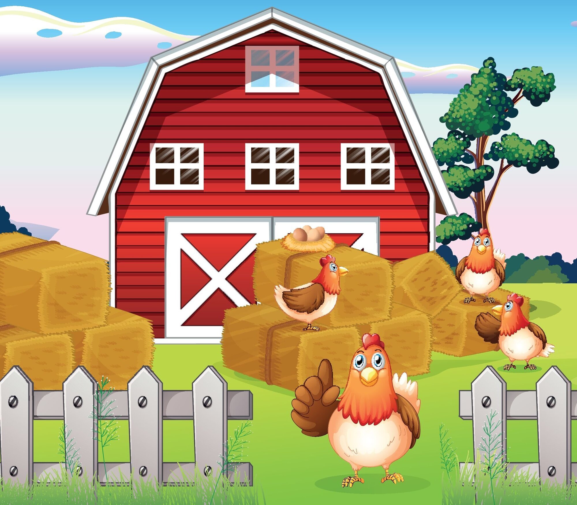 Fornøyde høner Tegning over høner som rusler fornøyd rundt på en gård.