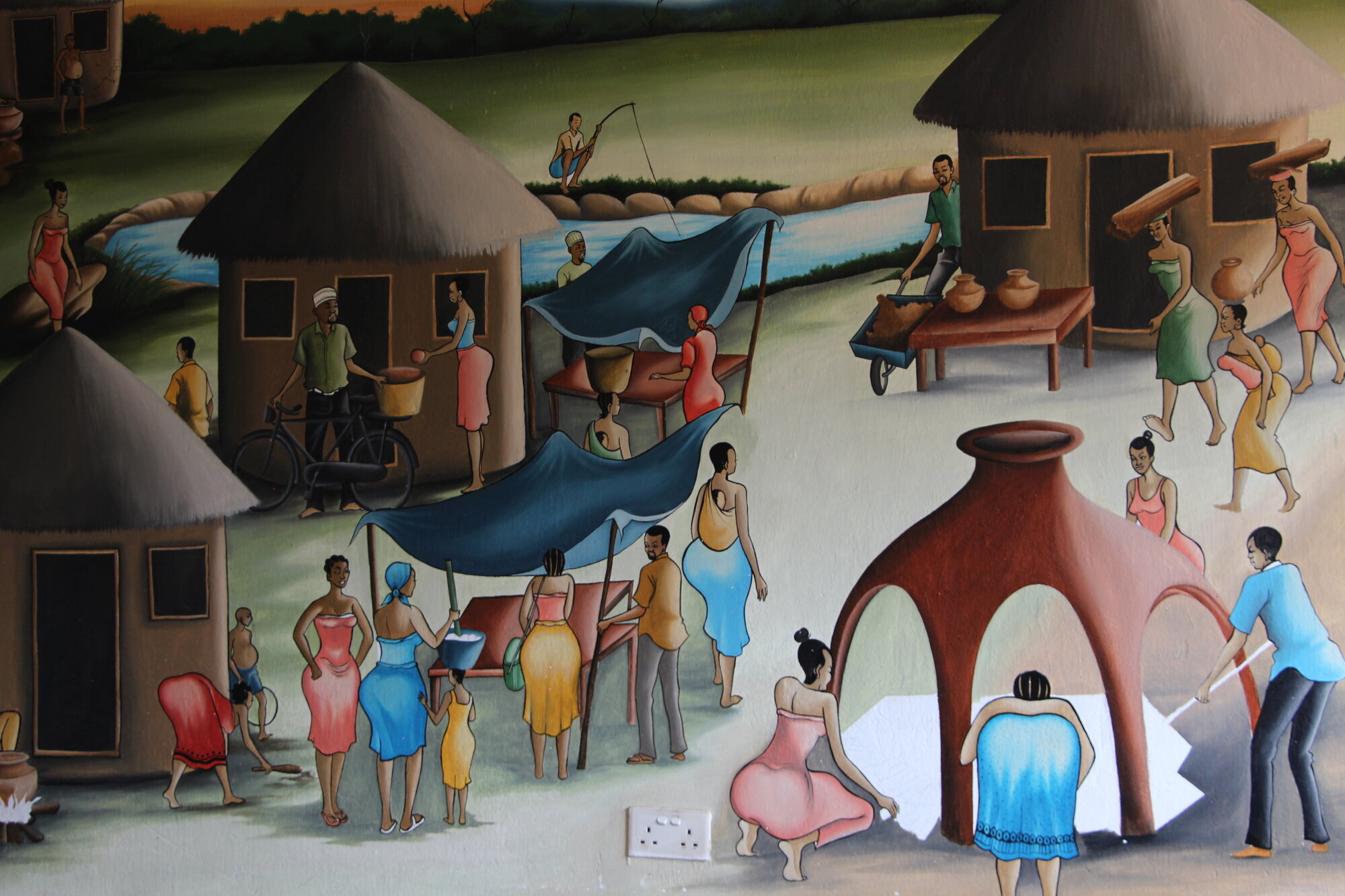 Hverdagsliv i Tanzania Illustrasjonen viser hverdagslivet i en landsby i Tanzania, malt av Jonathan Mhando