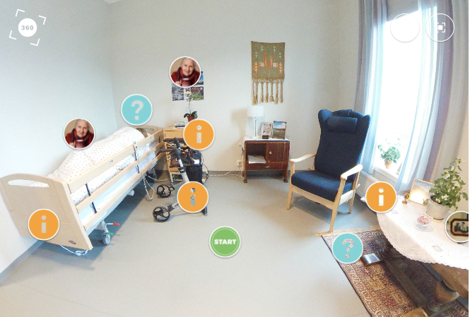 Figur 2 I et interaktivt pasientrom kan studenten trykke på ulike symboler som inneholder tekst, filmer og lyd.