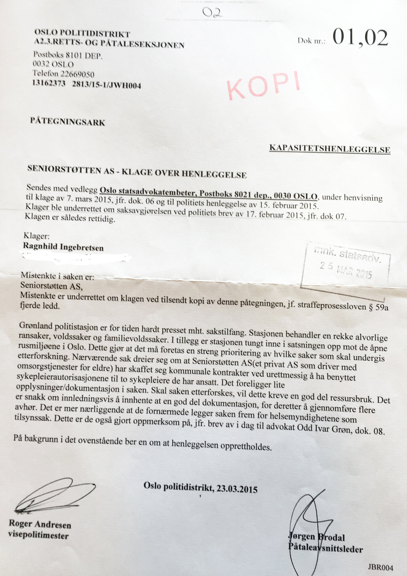 papir fra politiet Bildet viser papir fra politiet