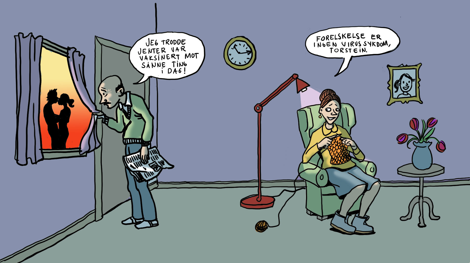 Vaksine mot forelskelse Illustrasjonen viser en mann som kikker ut av vinduet på et nyforelsket par, mens kona sitter i en stol og strikker