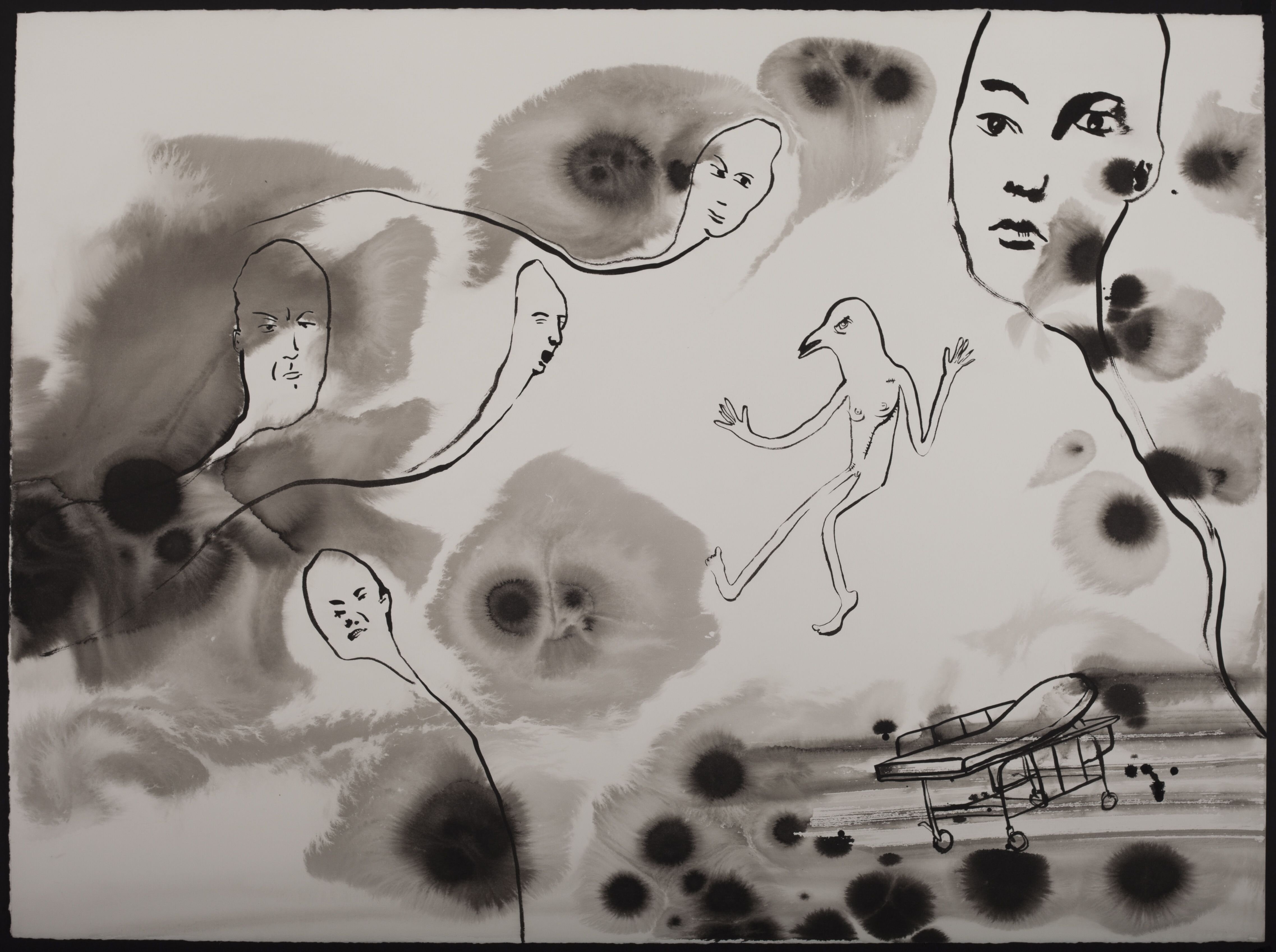 Illustrasjonen "Delirium" av Nancy Andrews Bildet viser en illustrasjon av svevende mennesker og en mann med fuglehode blant en sykeseng. I bakgrunnen er svarte, utflytende flekker