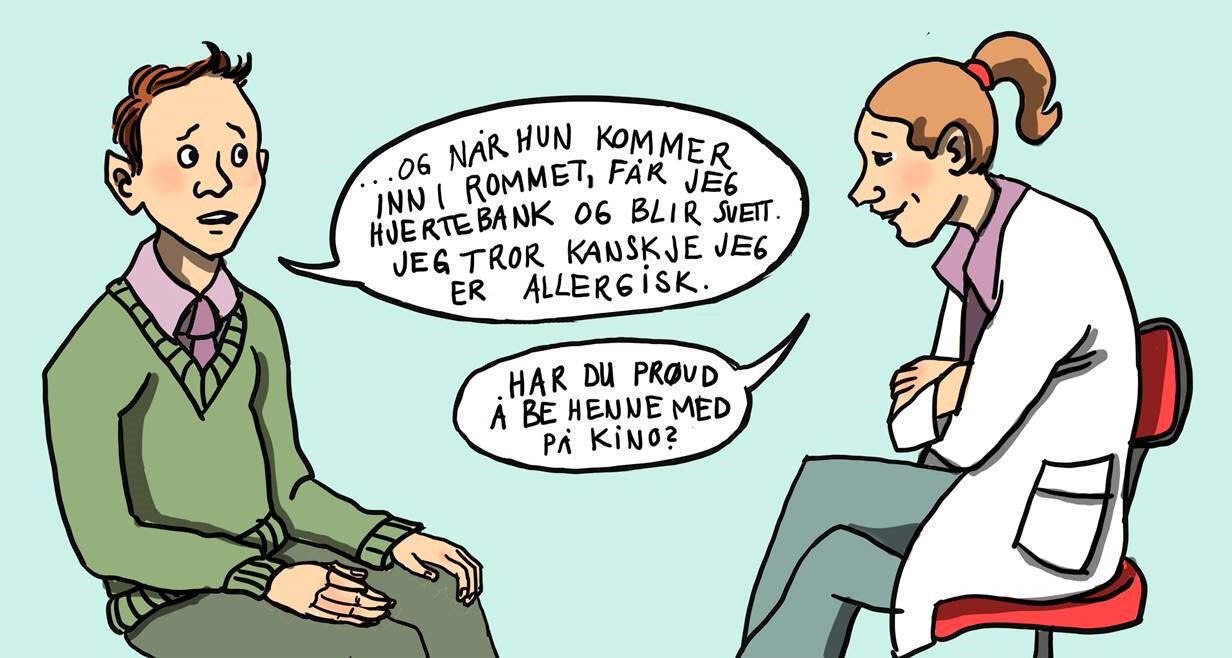 Illustrasjonen viser en mannlig pasient som sier følgende til legen: "... og når hun kommer inn i rommet, får jeg hjertebank og blir svett. Jeg tror kanskje jeg er allergisk.". En smilende, kvinnelig lege svarer: "Har du prøvd å be henne med på kino?" Pasientmedierte tiltak
