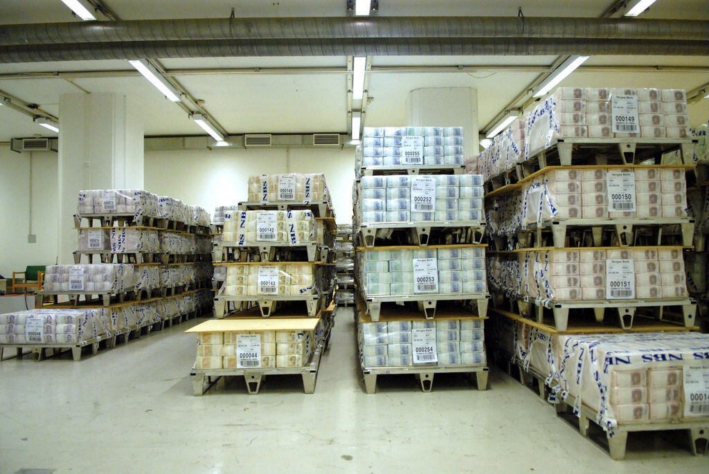 Paller med pengeseddeler hos Norges Bank Paller med pengeseddeler hos Norges Bank