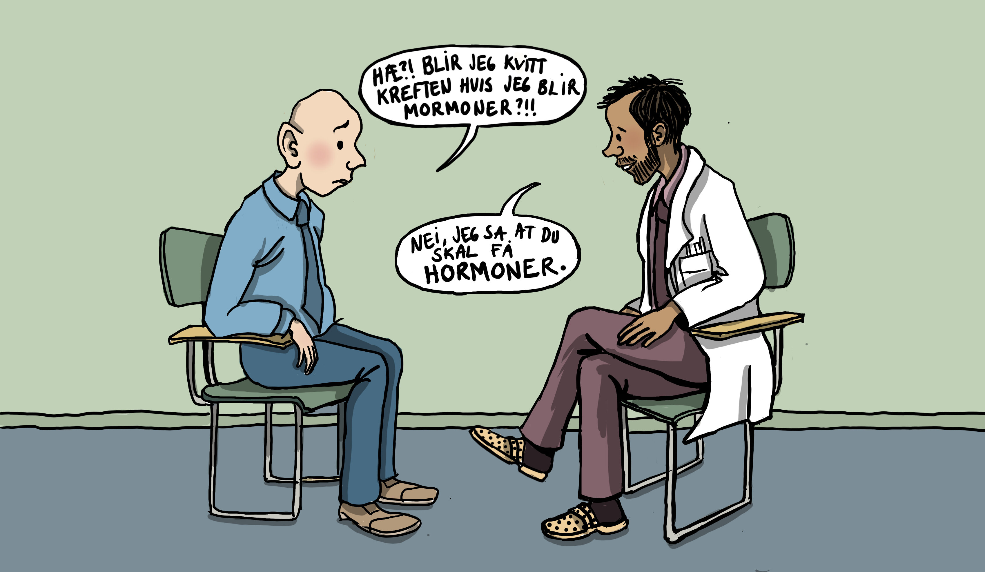 Pasient med prostatakreft hos legen Illustrasjonen viser en kreftsyk som sier følgende til legen: "Hæ, blir jeg kvitt kreften hvis jeg blir mormoner?!!". Legen svarer: "Nei, jeg sa at du skal få hormoner."