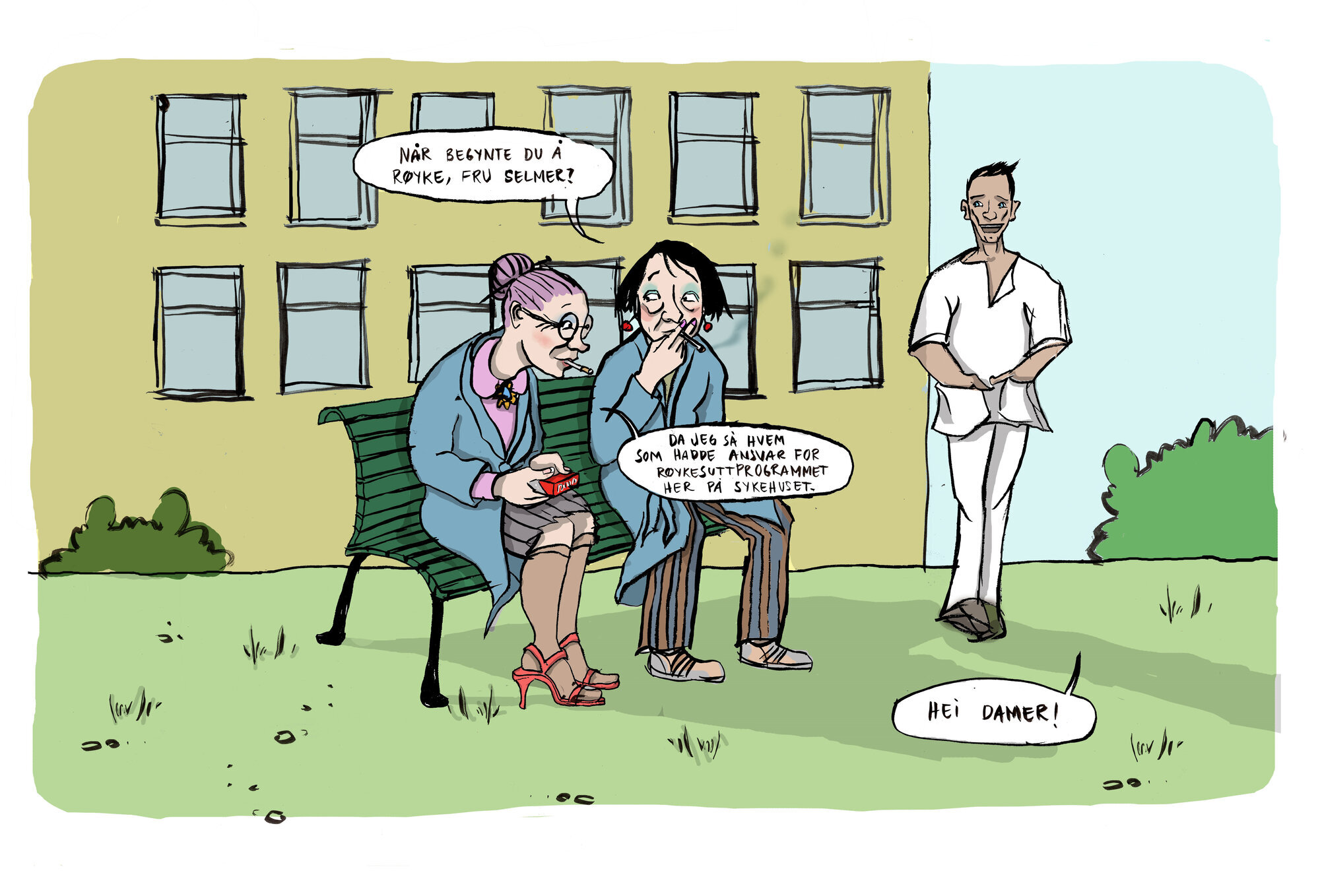 Røykeslutt Illustrasjonen viser to eldre damer på en benk utenfor sykehuset, som røyker. En mannlig lege går forbi.