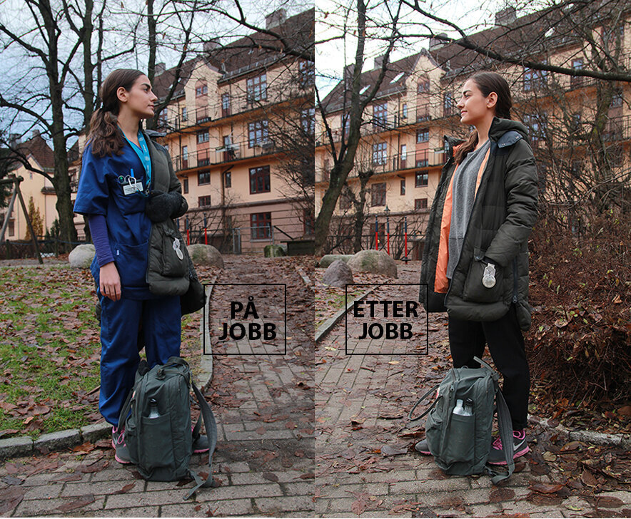 Stephanie Bahl med uniform og i private klær etter jobb Stephanie Bahl med uniform og i private klær etter jobb