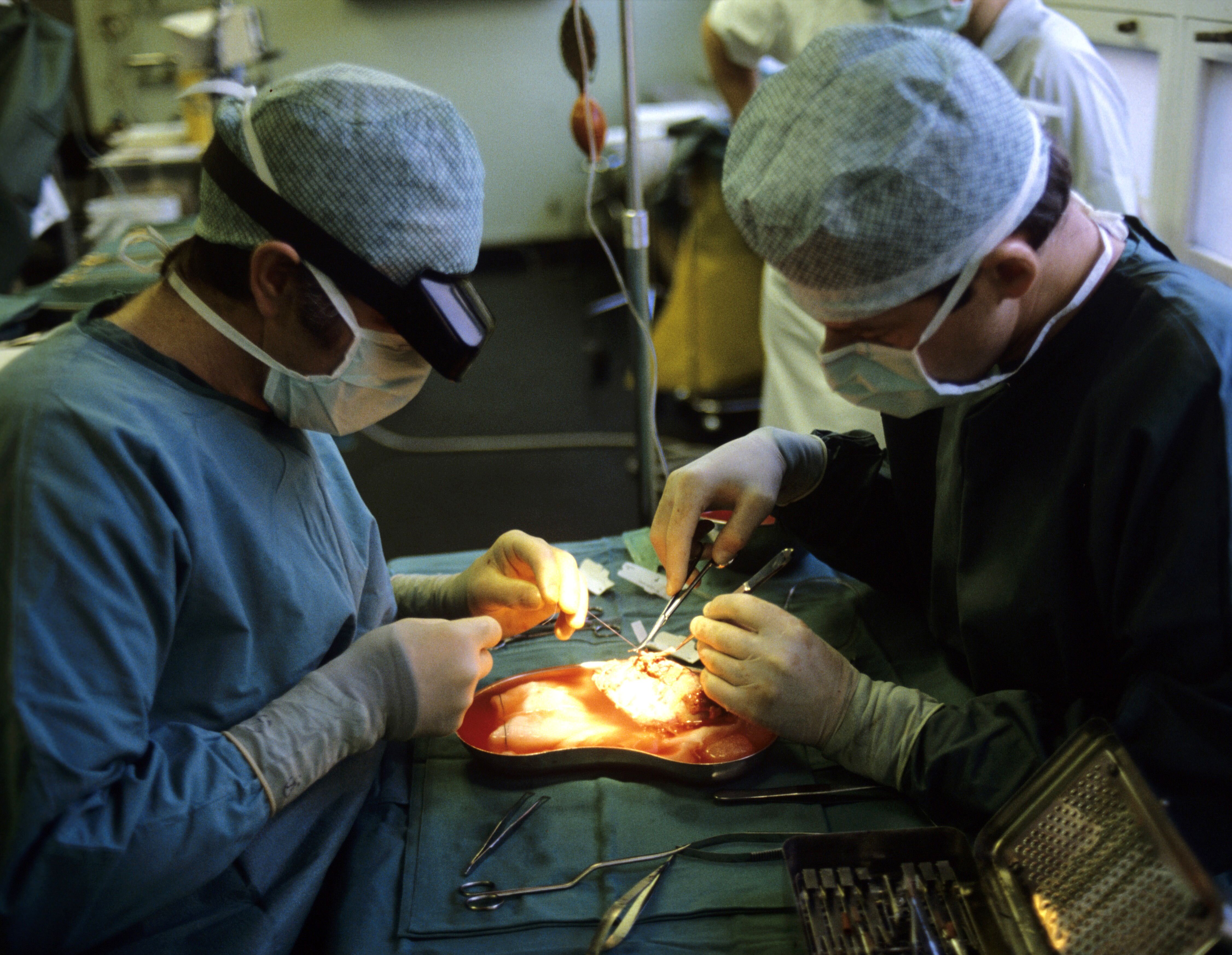 Nyretransplantasjon ved Rikshospitalet. Bildet viser en nyretransplantasjon ved Rikshospitalet. To kirurger står over pasientens operasjonssår.