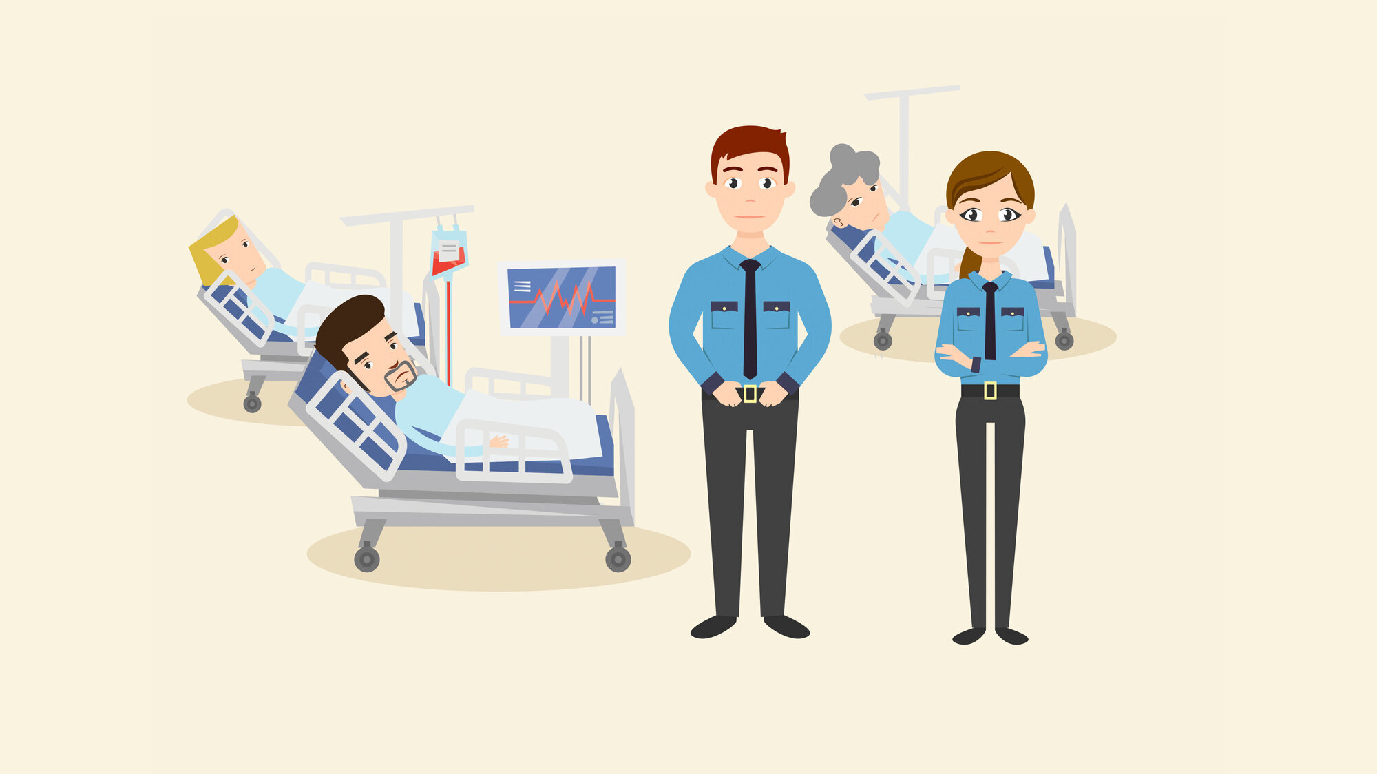 Illustrasjonen viser to vektere i uniformer som passer på tre pasienter i hver sin seng Vektere på sykehus