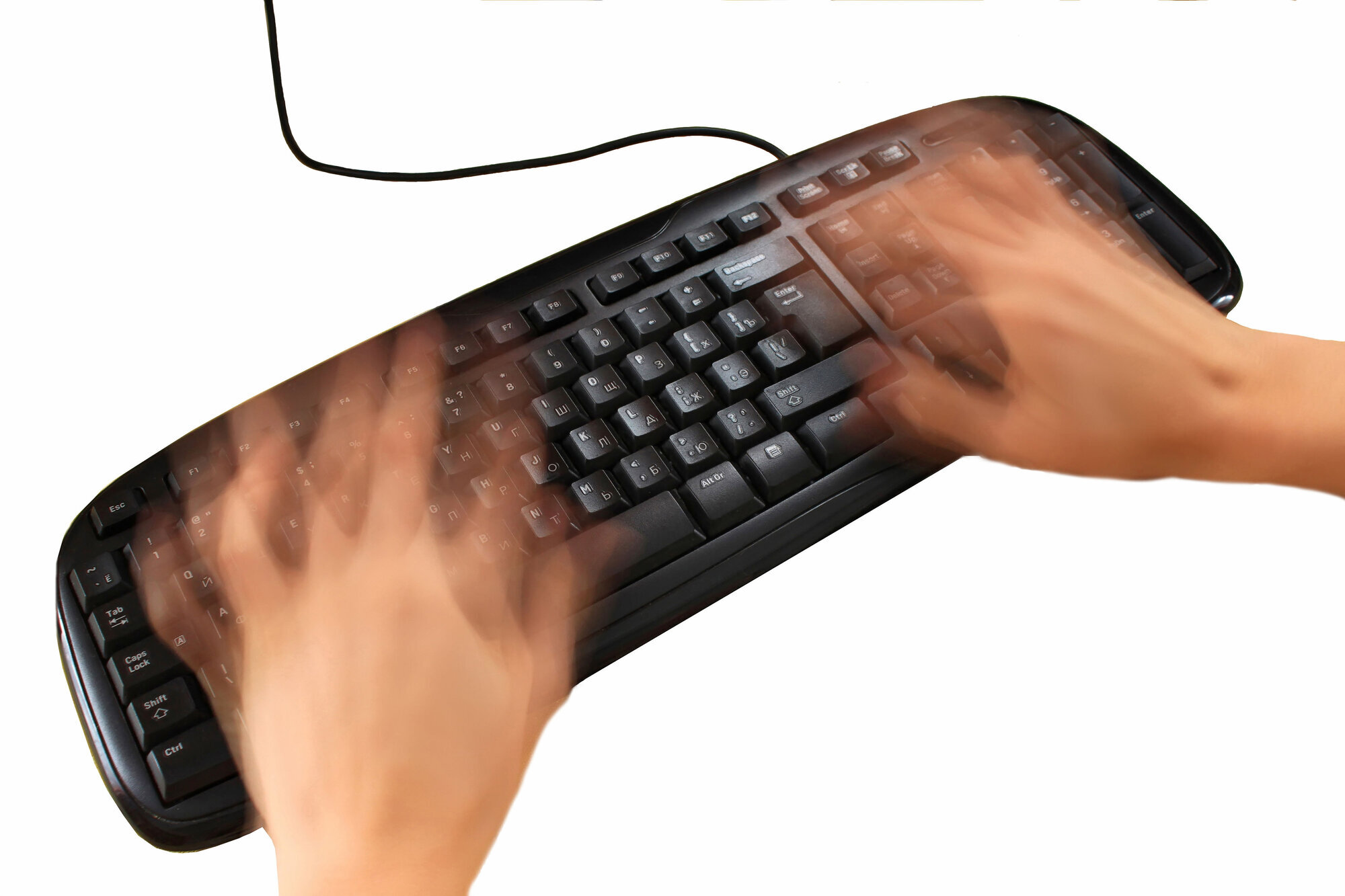 Viser et tastatur med hender som programmerer kjempefort Viser et tastatur med hender som programmerer kjempefort