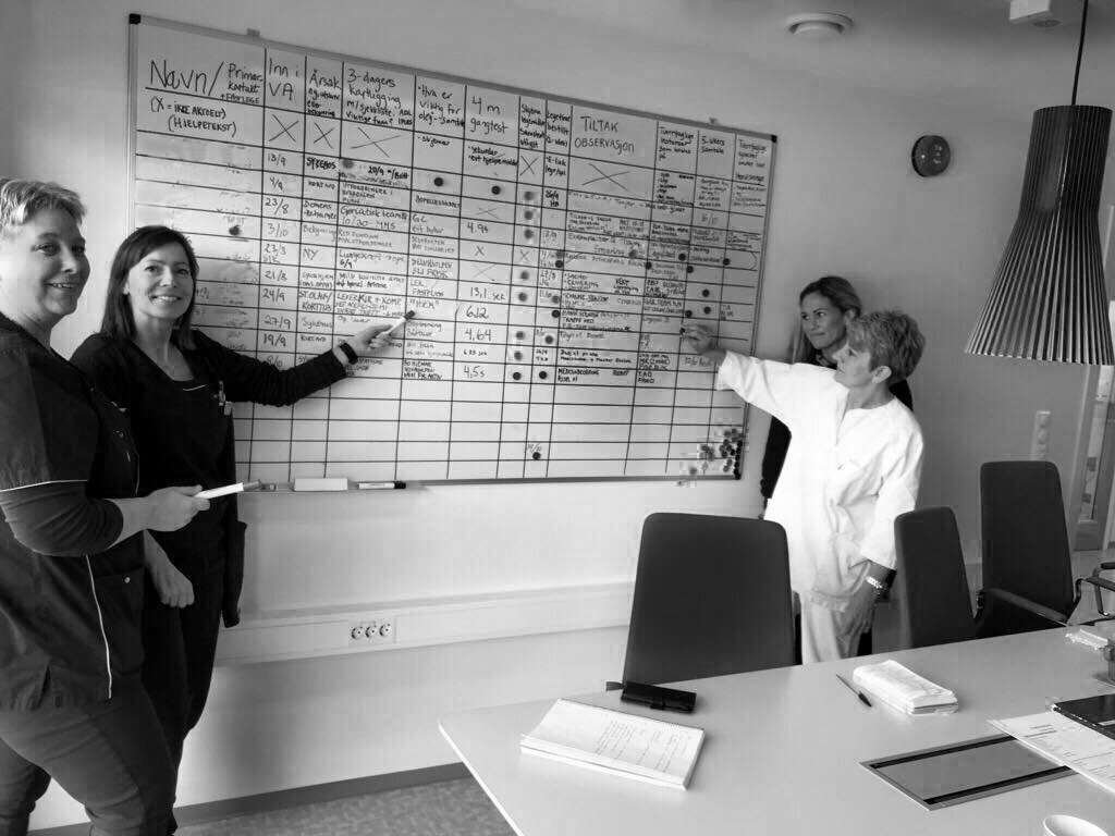 Fra venstre: Bodil Fagerheim, Cicilie Sørstrand, Kari Lie og Gunvor Folde. Bilde av fra venstre teamlederne Bodil Fagerheim og Cicilie Sørstrand samt Kari Lie (fysioterapeut) og Gunvor Folde som leder den virtuelle avdelingen i Smøla kommune.