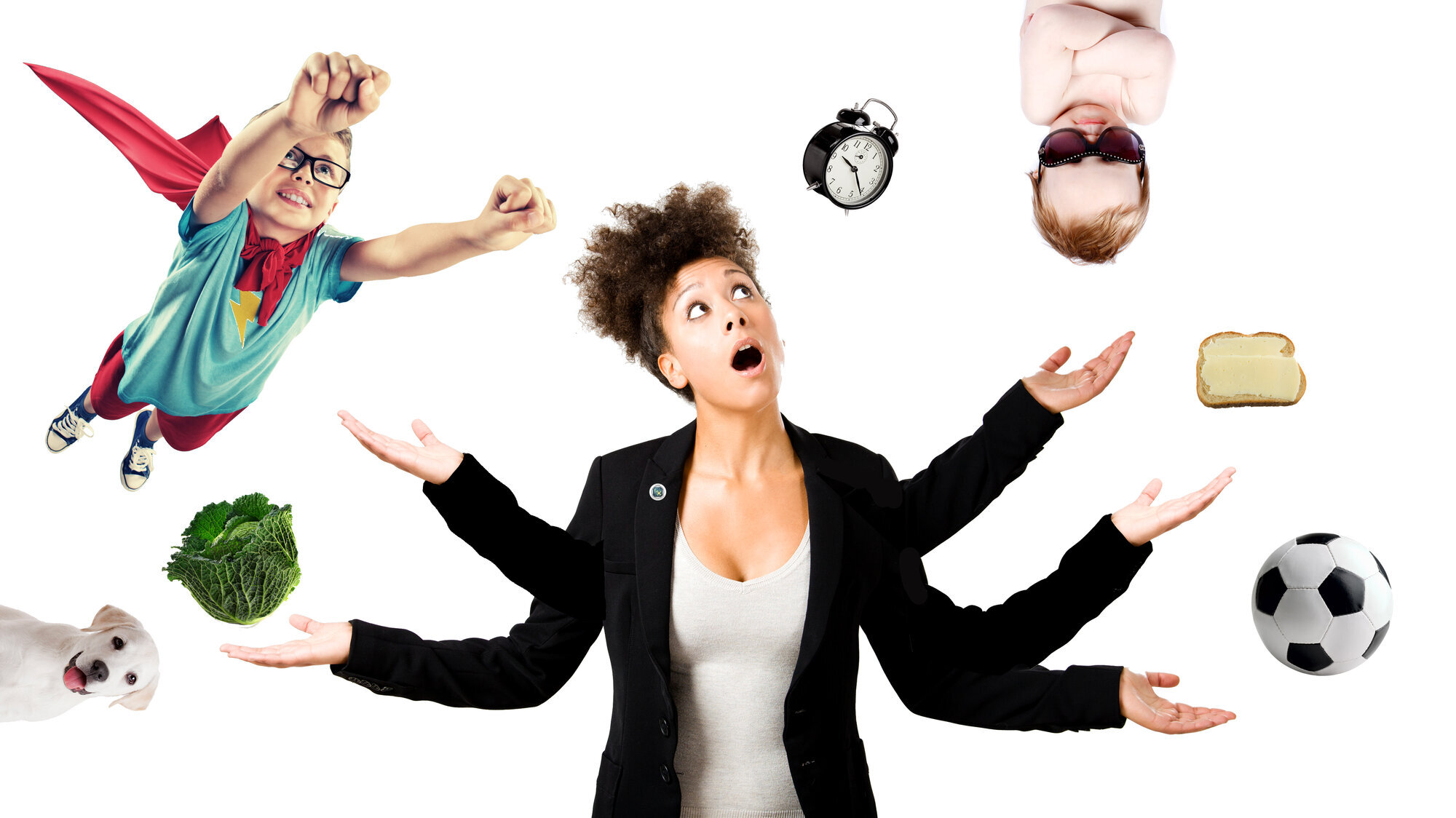 Kvinne sjonglerer mellom mange oppgaver Kvinne sjonglerer mellom mange oppgaver