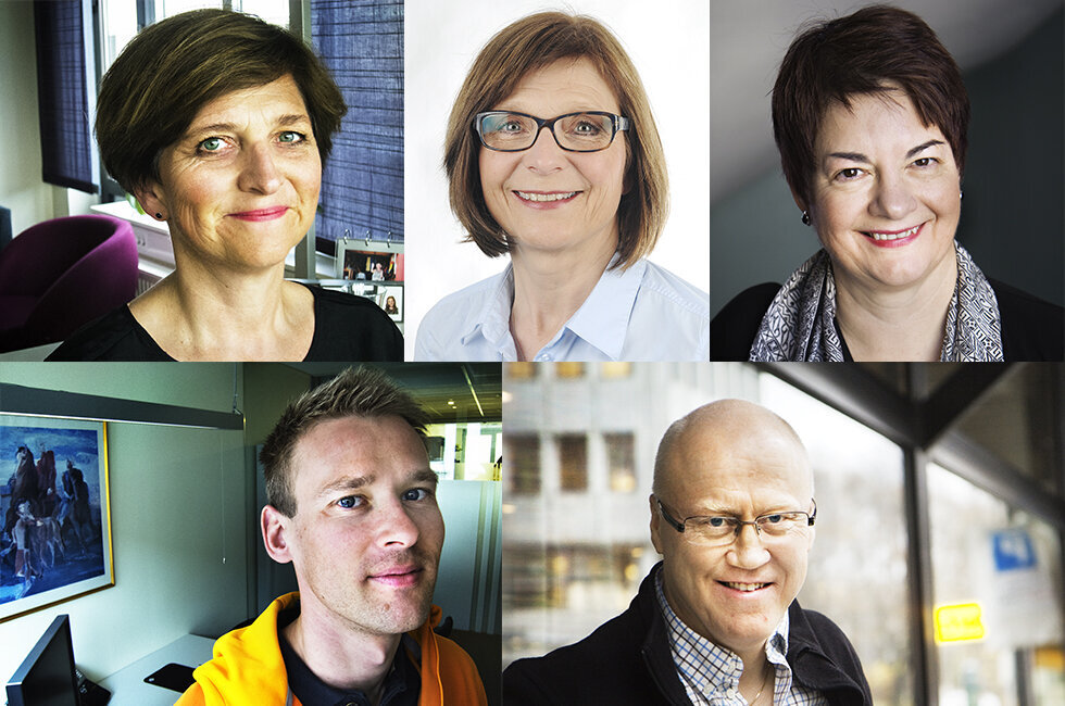 Eli Gunhild By, Solveig Bratseth, Karen Bjøro, Sigbjørn Flatland og Oddgeir Lunde. Collage av de fem som vil lede NSF: Eli Gunhild By, Solveig Bratseth, Karen Bjøro, Sigbjørn Flatland og Oddgeir Lunde.