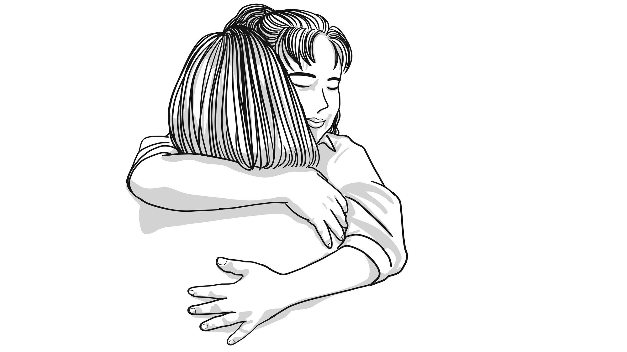 klem, vennskap Illustrasjonen viser to mennesker som holder rundt hverandre.