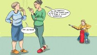 Røykeslutt Illustrasjonen viser to kvinner som står og røyker mens en gutt retter et brannslokkingsapparat mot dem.