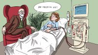 Depresjon og dialyse Illustrasjonen viser en dialysepasient som får dialyse mens en eldre mann sitter i en stol ved siden av og sier "Hva føler du nå?"
