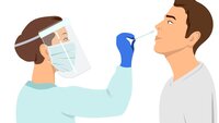Illustrasjonen viser en helsearbeider som tar en koronatest fra nesen til en mann.