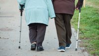 Et eldre par med spaserstokk går tur Et eldre par med spaserstokk går tur