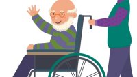eldreomsorg, pårørende Bildet viser en illustrasjon av en mann i rullestol og en dame som triller ham