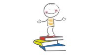 bibliotek, sykepleie Illustrasjonen viser et strekmenneske som står på en stabel bøker og smiler.