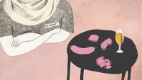 Illustrasjonen viser et fat med svinemat og overkroppen til en pleier med hijab og et skilt det står student på.