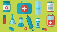 Medisinsk utstyr Illustrasjonen viser diverse medisinsk utstyr, som pilleboks, plaster, reagensrør med blod, sprøyte m.m.