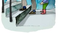 Illustrasjon av en mormor som går opp trappen mens barnebarnet, som står bak,  sier: "Kom igjen, mormor. Dette klarer du! Jeg tar imot deg om du faller."