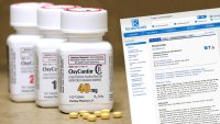 OxyContin og Felleskatalogen Collagen viser bilder av OxyContin-tabletter og -bokser + et utsnitt av Felleskatalogen