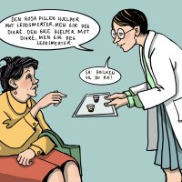 Illustrasjonen viser en sykepleier som holder et brett mot en pasient og sier: Den rosa pillen hjelper mot leddsmerter, men gir deg diaré. Den gule hjelper mot diaré, men gir deg leddsmerter. Så: Hvilken vil du ha?